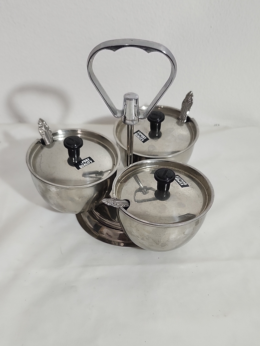 Stainless Steel Vintage Three-Bowl Condiment Server - Silver Tone Made In India.